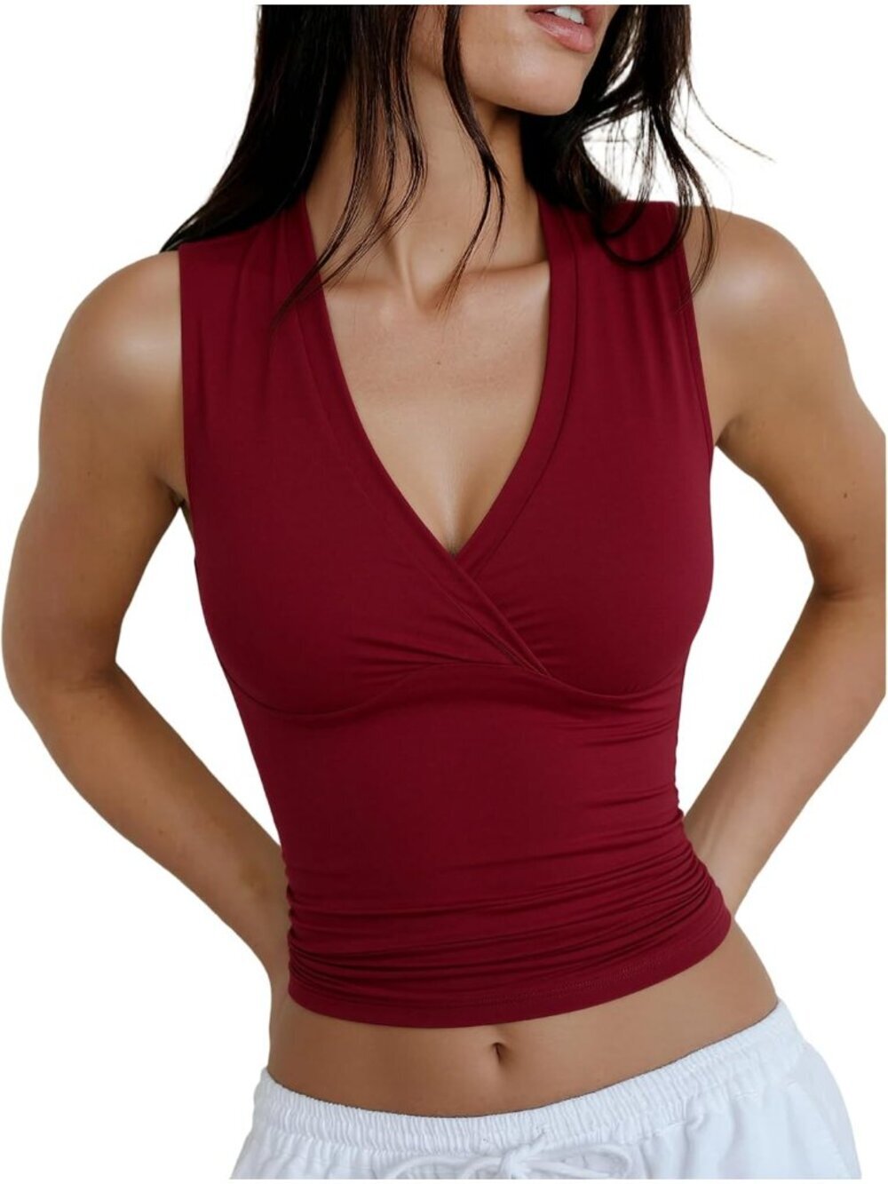 Women's Wine Red Sleeveless V Neck Double Lined Imported Slim Fit Tank Tops